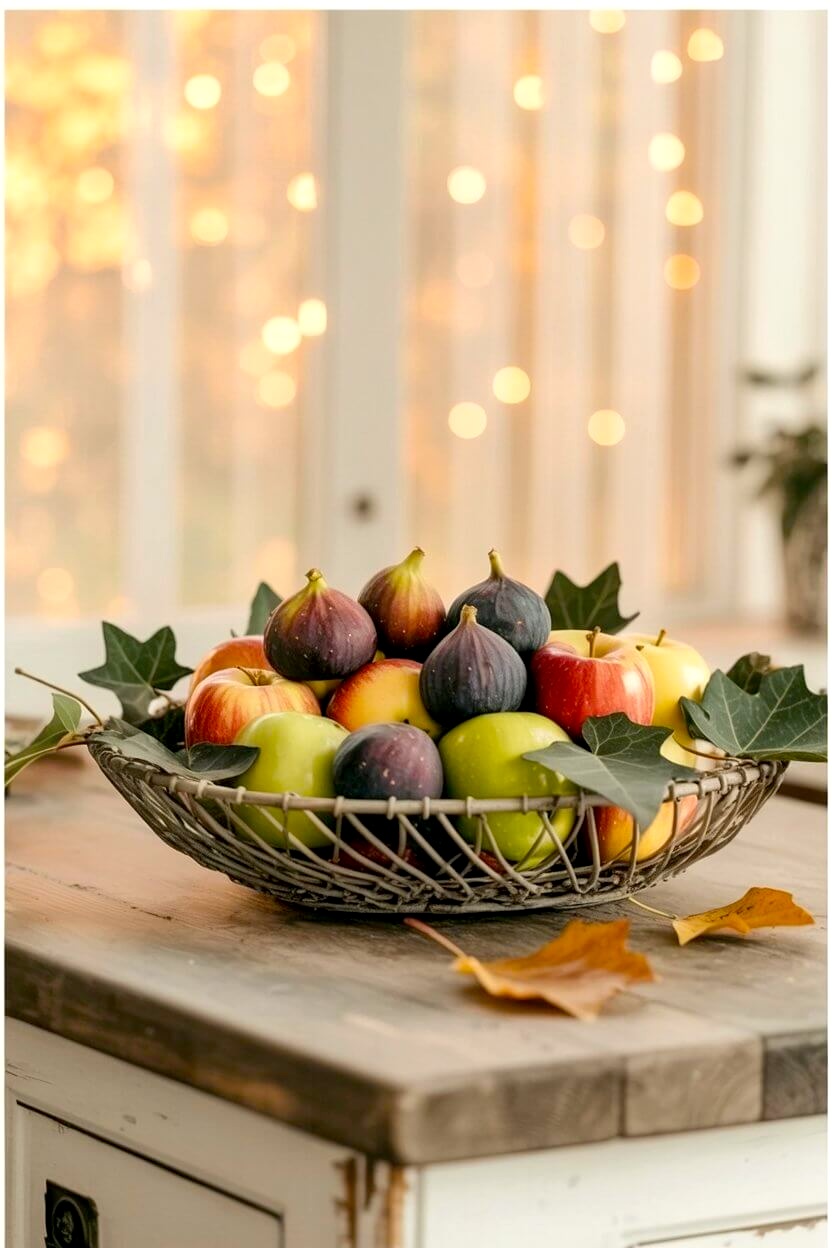 A rustic wire basket filled with fresh figs and crisp apples makes a colorful and natural choice for fall centerpiece ideas. The mix of deep purples, greens, and reds paired with leafy accents creates a warm, seasonal look that feels both simple and festive.