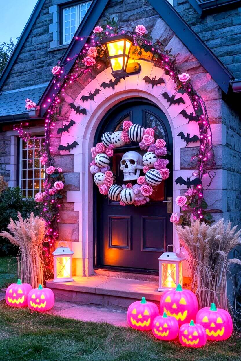 Pink string lights, roses, and bats circle a stone doorway, with a skull wreath as the centerpiece. This setup shows how pink Halloween decor ideas can turn your entry into a dramatic, glowing display.