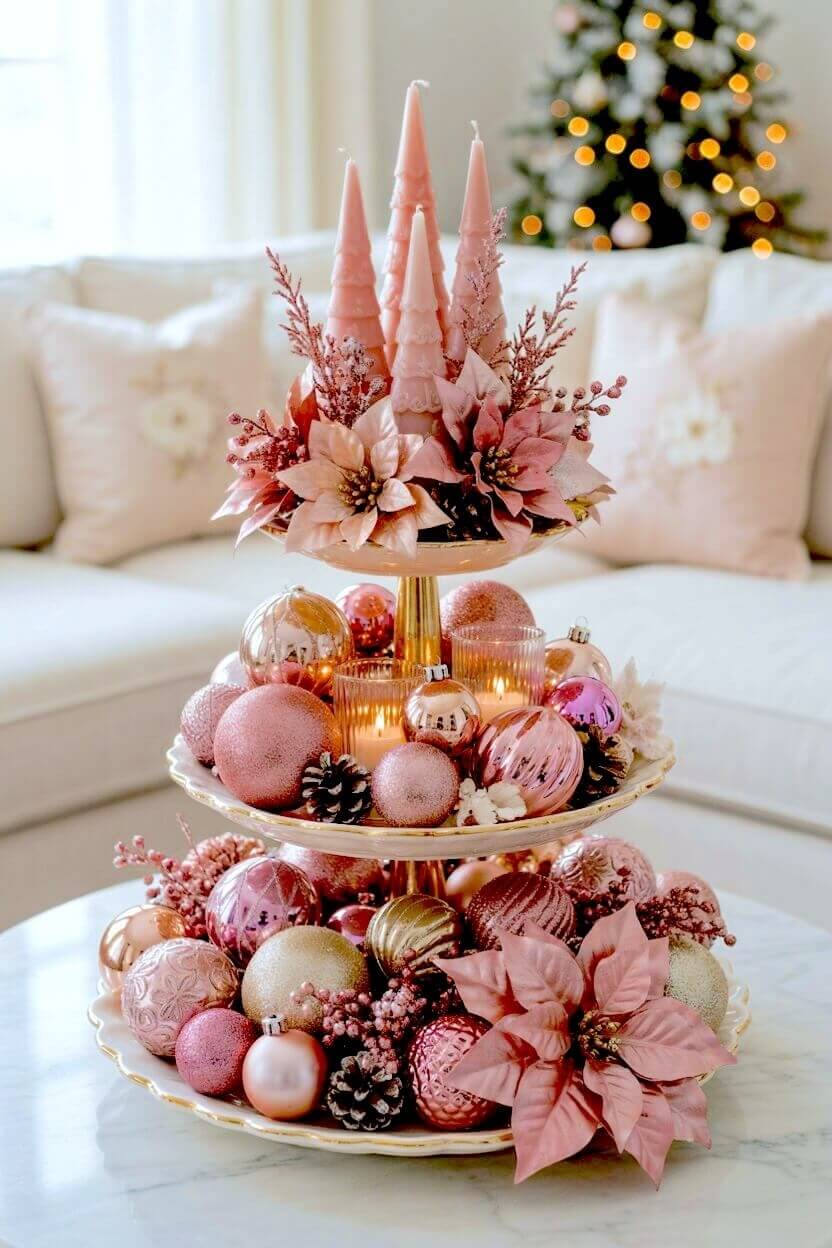 Gold-rimmed porcelain stand decorated with metallic rose gold baubles, soft pink poinsettia flowers, and elegant taper candles for beautiful festive tray decor.