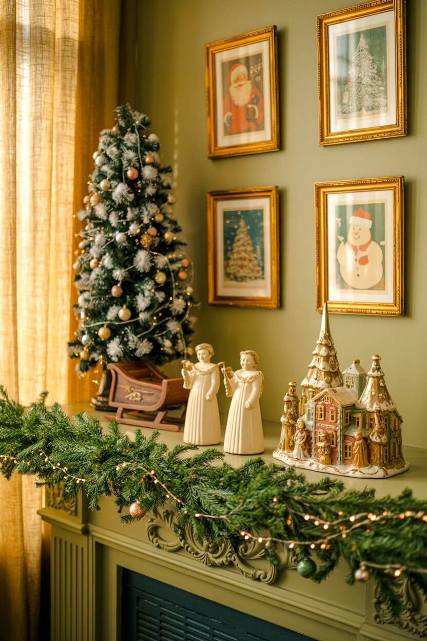 A soft green mantel decorated with lush garland, glowing string lights, and ceramic angels captures the warmth of Vintage Christmas Decorations. A miniature tree and framed nostalgic prints complete the timeless holiday look.