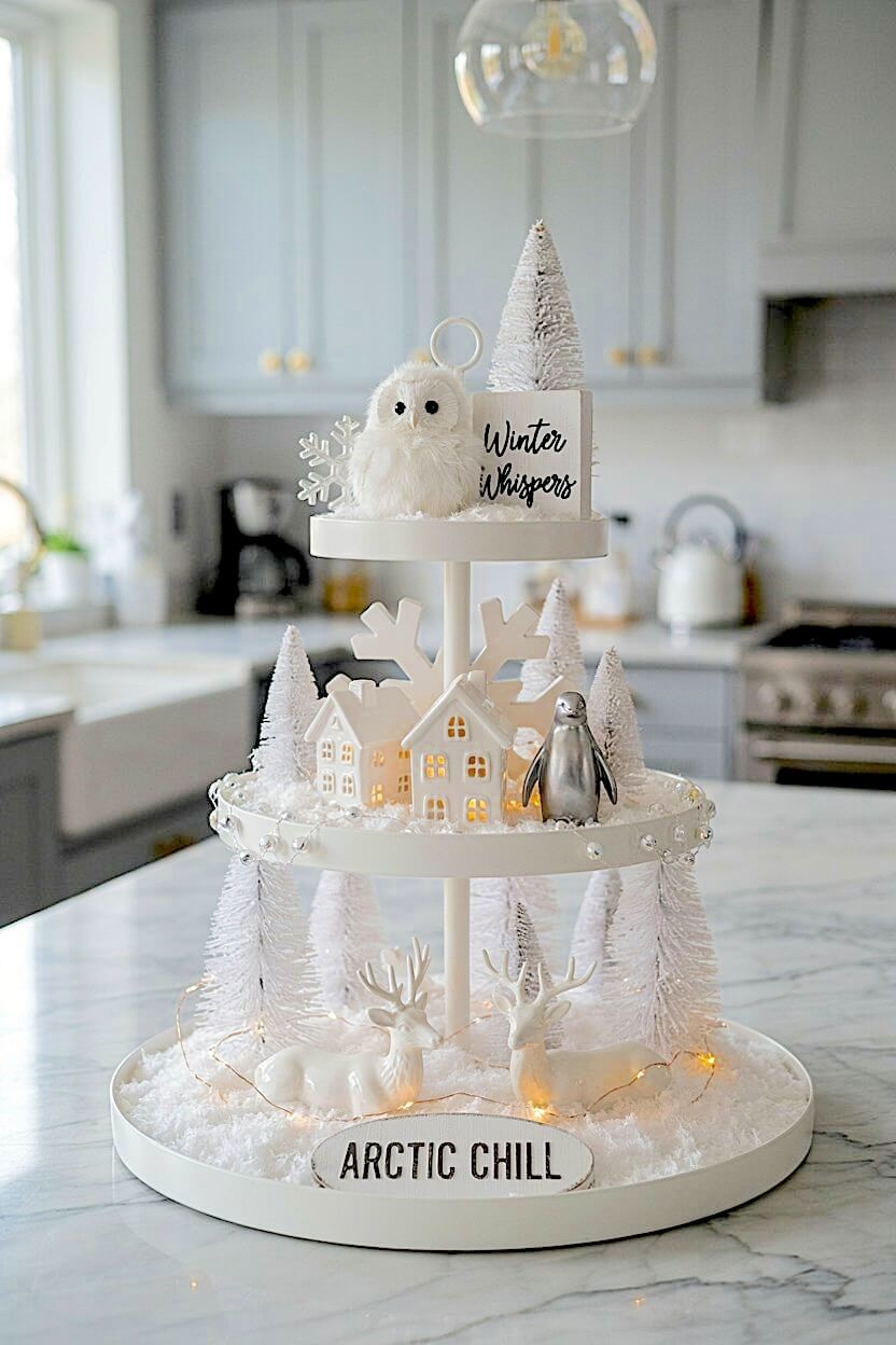 Crisp white ceramic houses glowing with fairy lights sit near metallic penguins and snowy owls, creating elegant cold weather tiered tray styling on a marble counter.