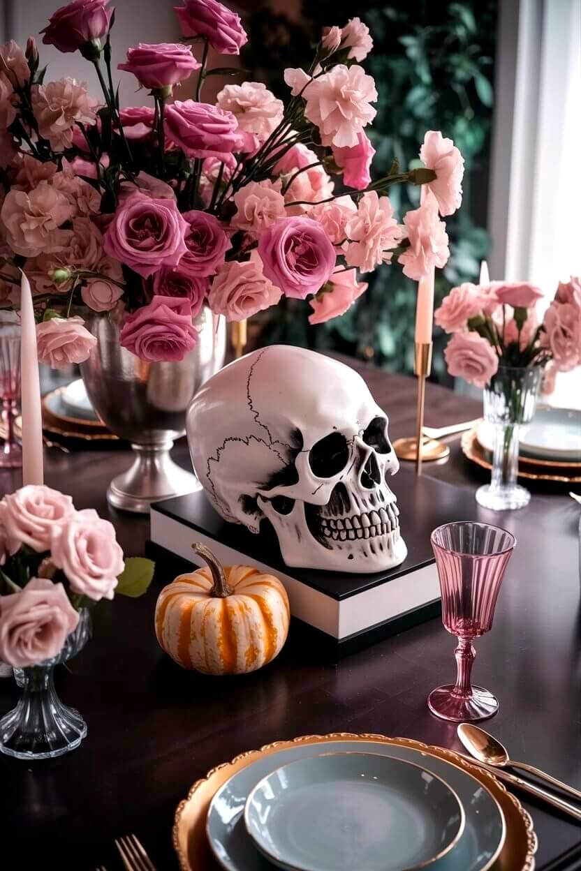 A dining table features a classic skull centerpiece paired with pink roses, candles, and pumpkins. It’s a refined take on pink Halloween decor ideas that feels fresh and festive.
