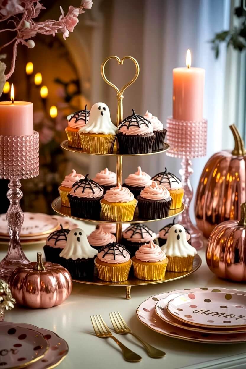 A tiered stand of Halloween cupcakes decorated with pink frosting, spiderweb designs, and ghost toppers sits beside pink candles and metallic pumpkins. The playful details show how pink Halloween decor ideas can make dessert tables festive and fun.