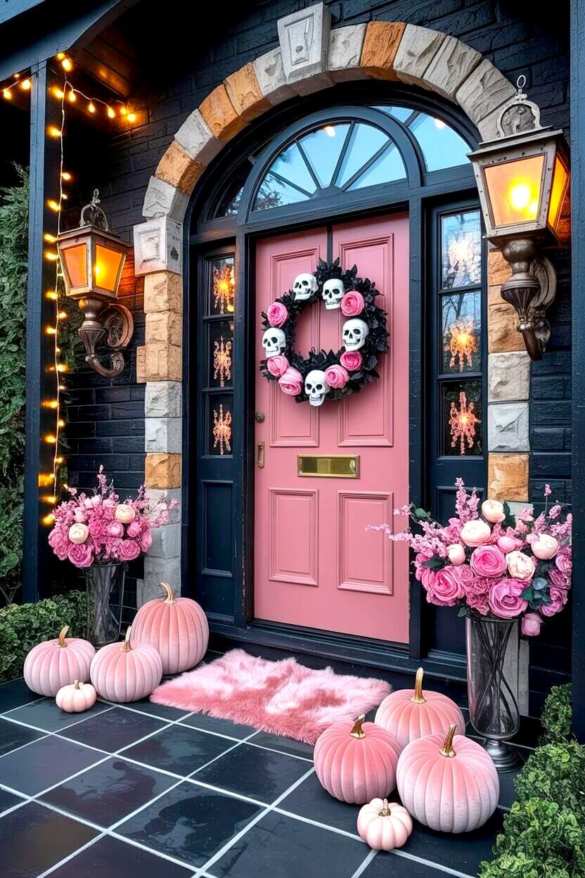 Velvet pumpkins, pink roses, and a wreath of skulls create a welcoming porch scene. These pink Halloween decor ideas prove you can make spooky styling look elegant and fun at the same time.