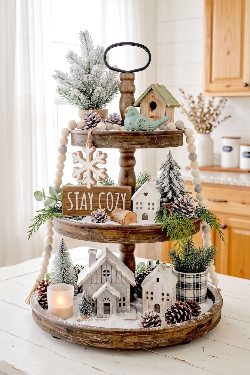 Dark stained wood surfaces feature miniature rustic cabins nestled among frosted greenery sprigs, pinecones, and a wooden birdhouse for rustic winter tray designs.