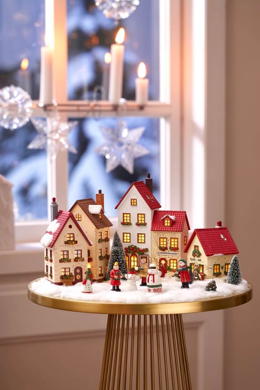 A golden tray holds a glowing Christmas village scene with snow-covered houses, tiny trees, and figurines, bringing the charm of Vintage Christmas Decorations to life. Soft lights create a cozy, nostalgic glow.