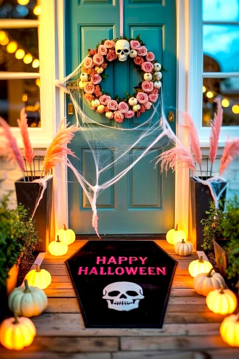 A teal front door is dressed up with cobwebs, pampas grass, and a wreath of pink roses and skulls. This cheerful setup captures the balance of spooky and stylish in pink Halloween decor ideas.