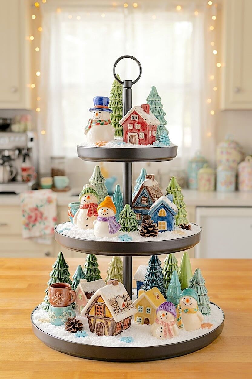 A black metal tiered tray presents vibrant ceramic houses and cheerful snowmen figurines near bright green trees in faux snow for colorful winter table decor concepts.