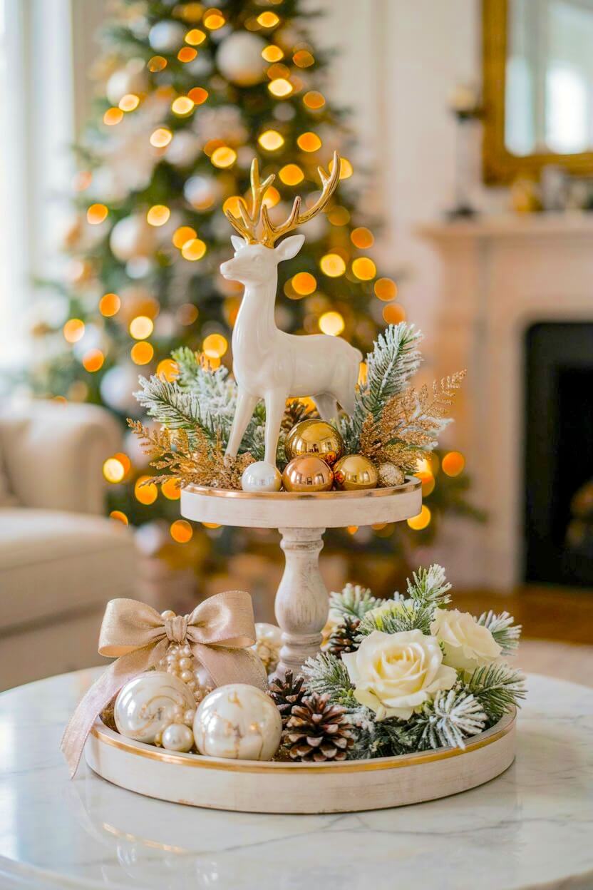 Elegant white pedestal tray showcasing a ceramic deer statue surrounded by gold baubles, frosted greenery, and fresh white roses for chic holiday table displays.