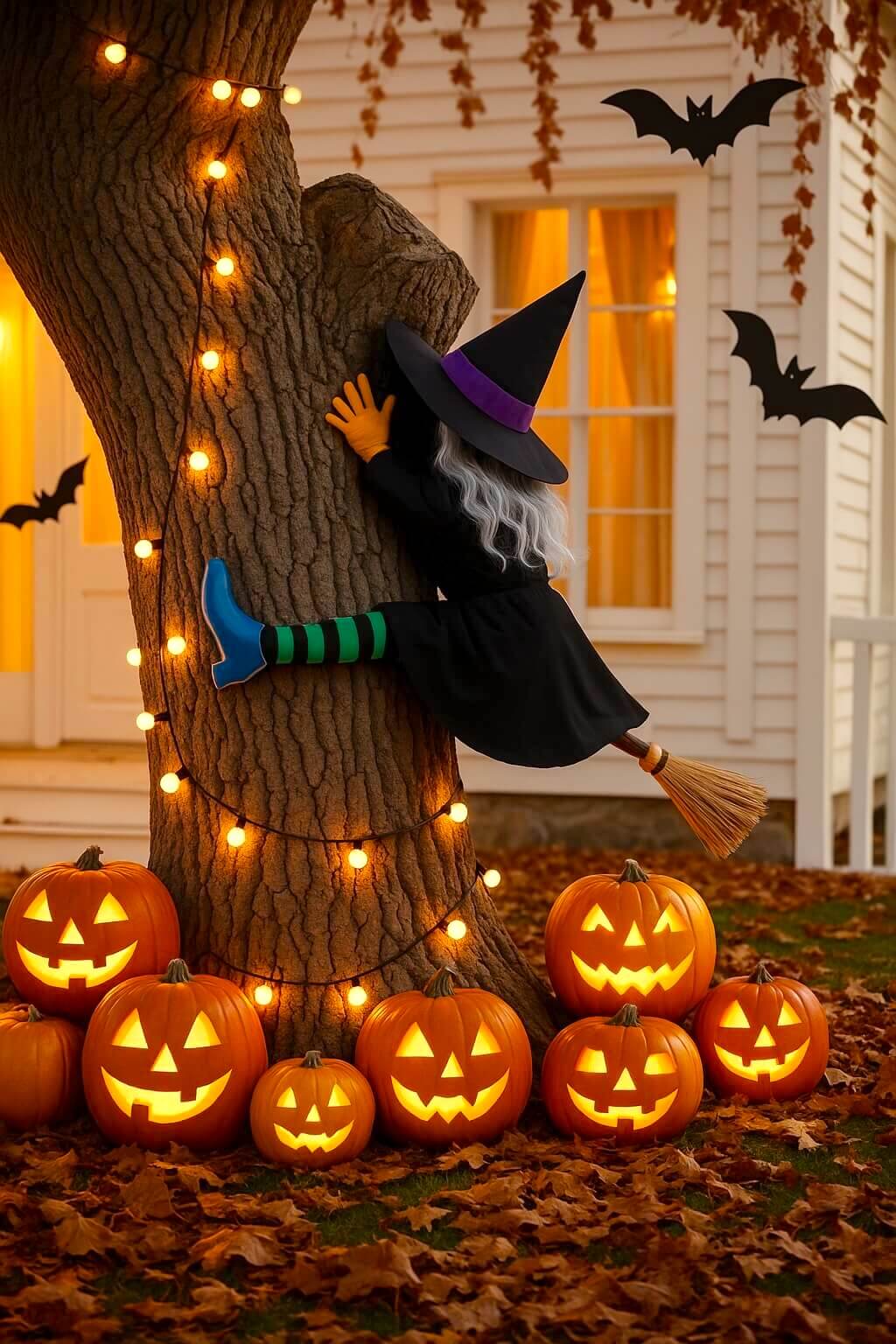 A witch figure appears to have crashed into a large tree, surrounded by glowing jack-o’-lanterns and twinkle lights. It’s a whimsical way to try easy halloween porch ideas with witches that bring laughter to your yard.