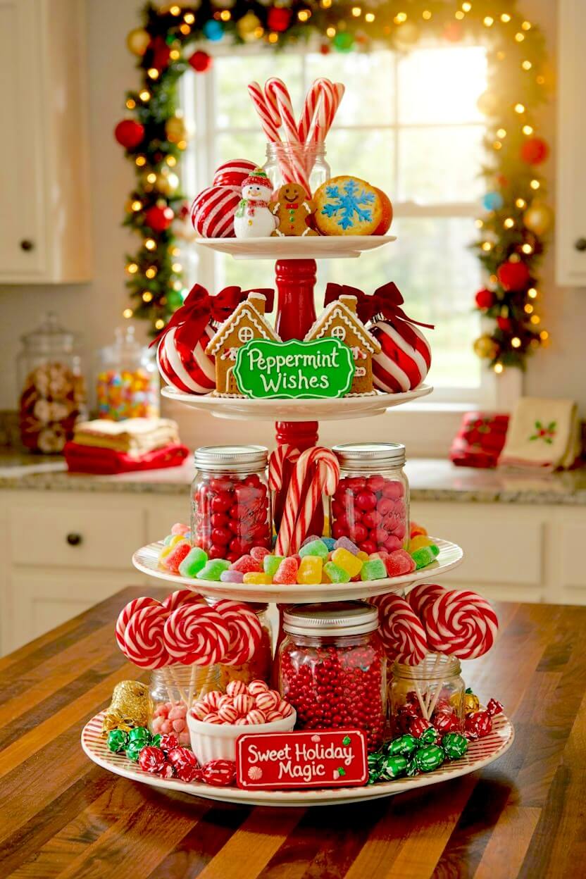 Vibrant red display stand filled with glass jars of colorful candies, striped peppermint sticks, frosted gingerbread cookies, and sugar drops for a festive sweet tray.
