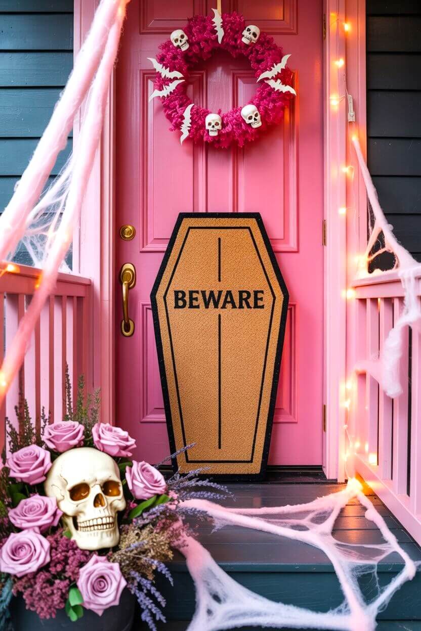 A bright pink door pairs with a skull wreath, a coffin-shaped mat, and soft string lights. This look highlights how pink Halloween decor ideas can be both bold and inviting.
