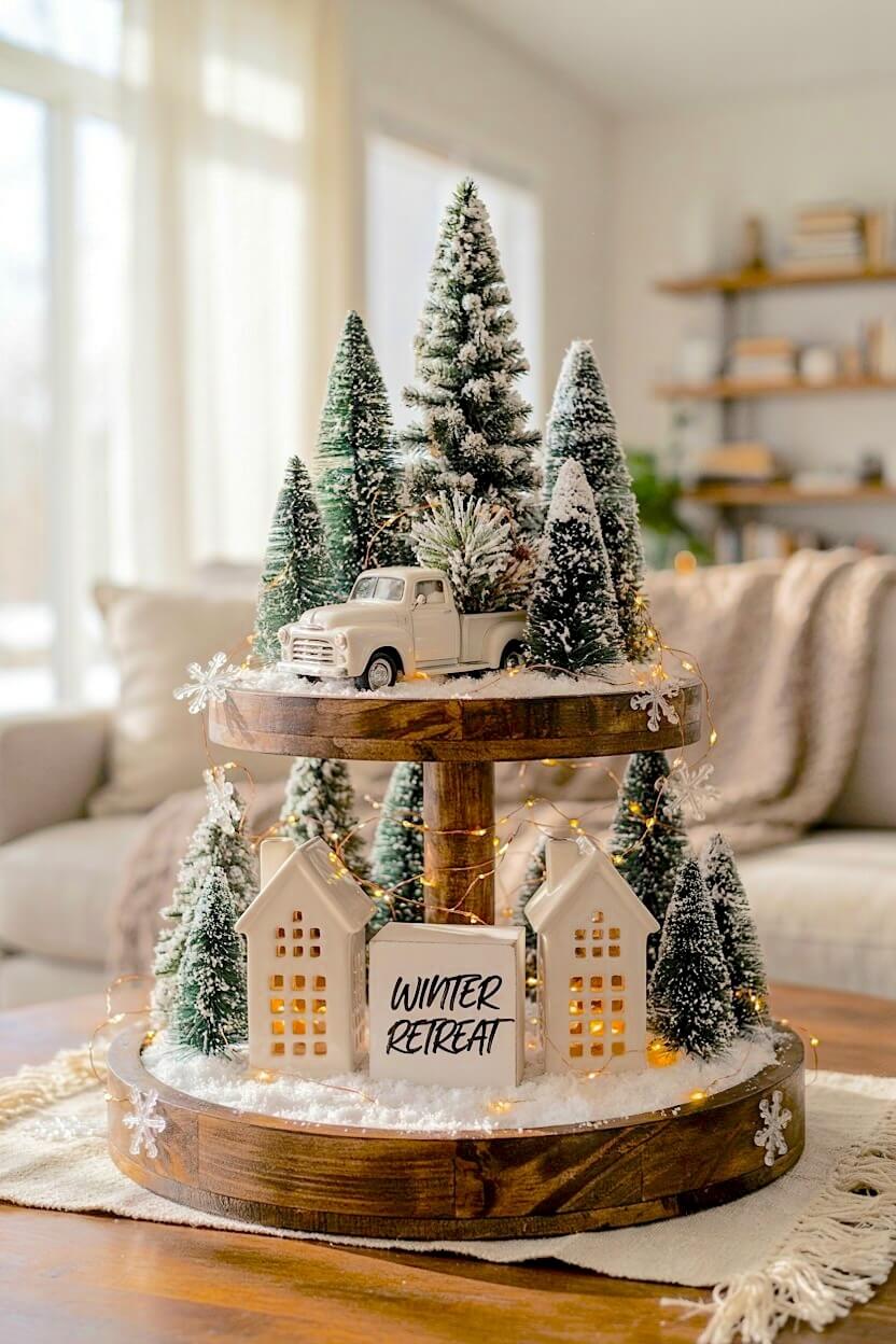 Frosted bottle brush trees surround a white vintage toy truck and glowing ceramic houses on rich wood surfaces, creating beautiful snowy tray decor aesthetics.