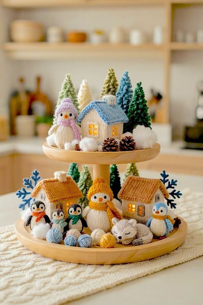 Miniature knitted snowmen and tiny yarn penguins sit beside textured knit houses and colorful yarn balls, forming cozy handcrafted cold weather tray inspiration.