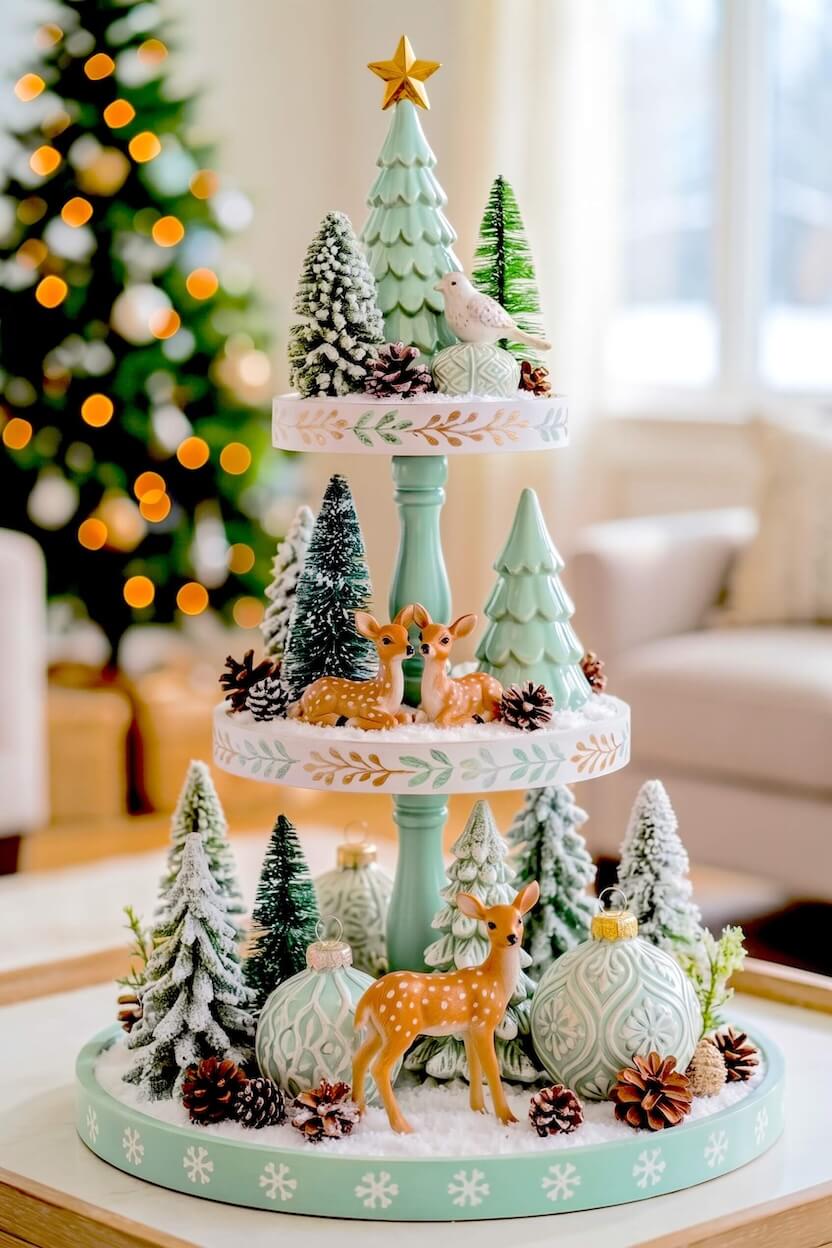Light mint green display holding matching ceramic pine trees, small spotted deer figurines, snowy powder, and frosted pinecones for a whimsical woodland table tray.