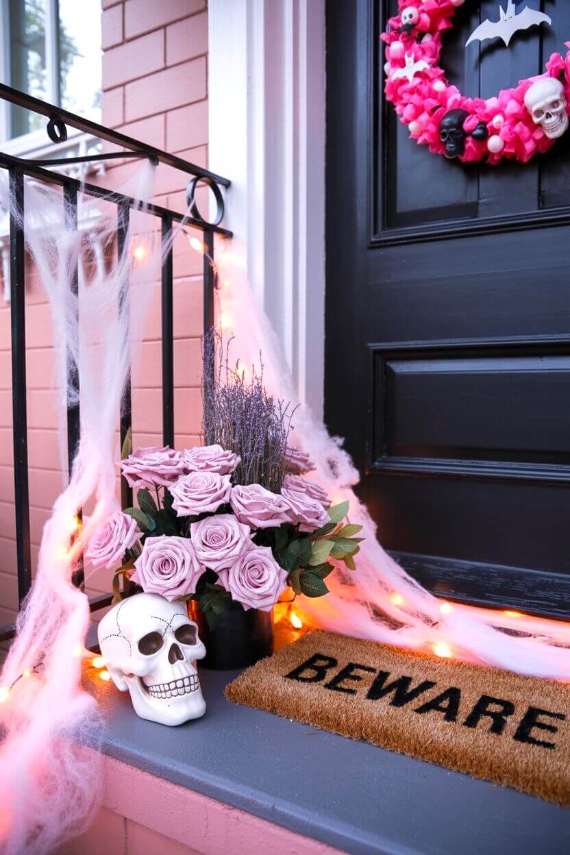 Lavender roses, soft cobwebs, and a skull accent sit at the entryway for a subtle touch of Halloween charm. It’s a graceful way to bring pink Halloween decor ideas to life without going over the top.