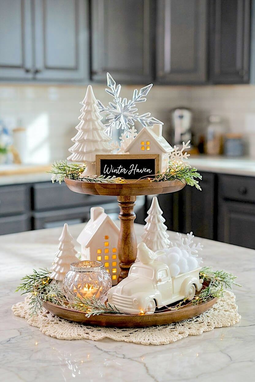 A dark wood tiered tray holds a glossy white ceramic truck carrying snowballs alongside clear glass votives and crisp white houses for elegant winter tabletop decor.
