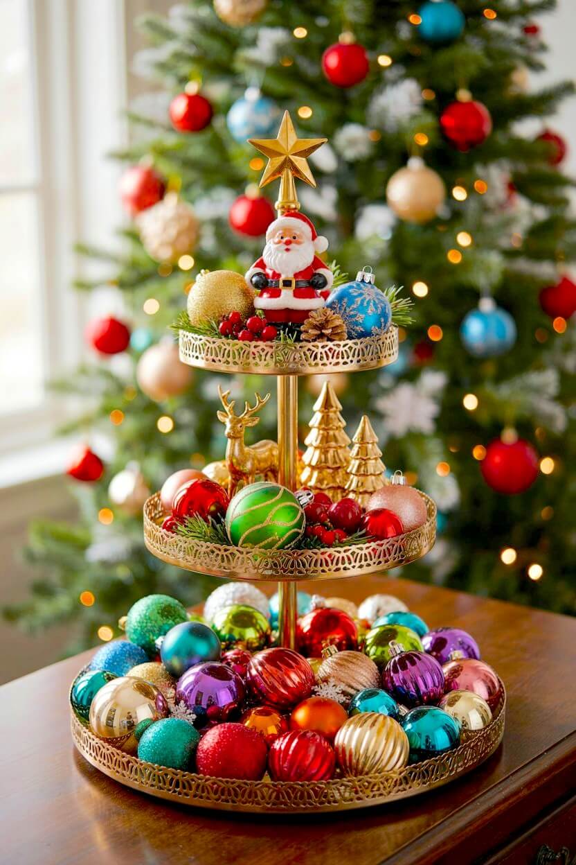 Gold metal lattice stand filled with vibrant metallic rainbow ornaments, a classic ceramic Santa Claus figure, and gold foil trees for bright vintage tray decor.