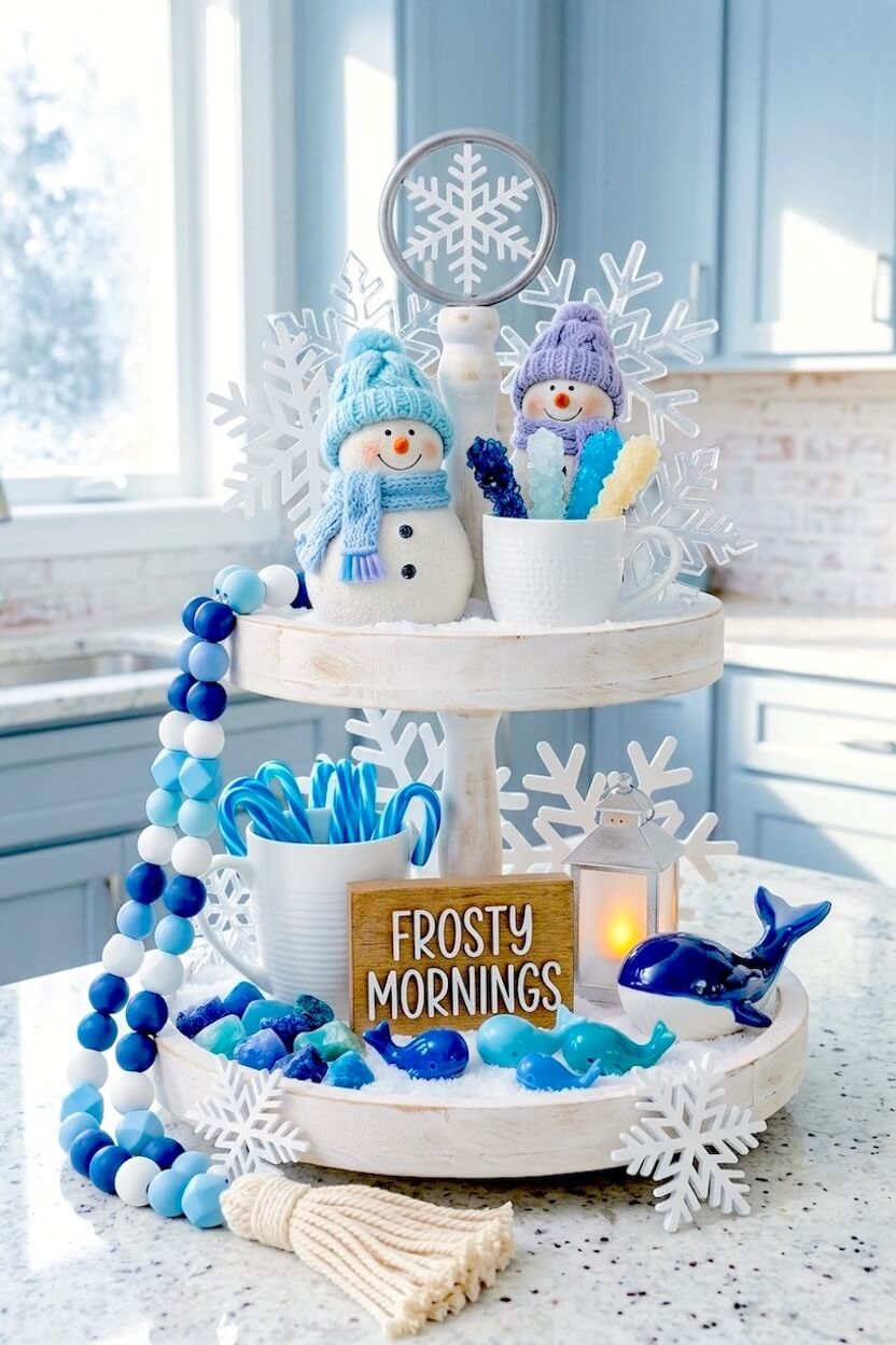 Vibrant indigo blue wooden whales swim through faux snow near snowmen wearing blue knit hats and long beaded garlands for coastal winter tiered tray styles.