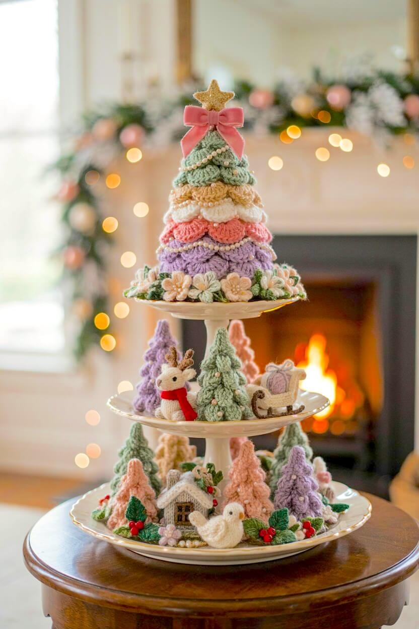 Ceramic stand showcasing intricate pastel crocheted pine trees, a plush toy reindeer, and small yarn flowers beside a warm fireplace for cozy winter tray styling.