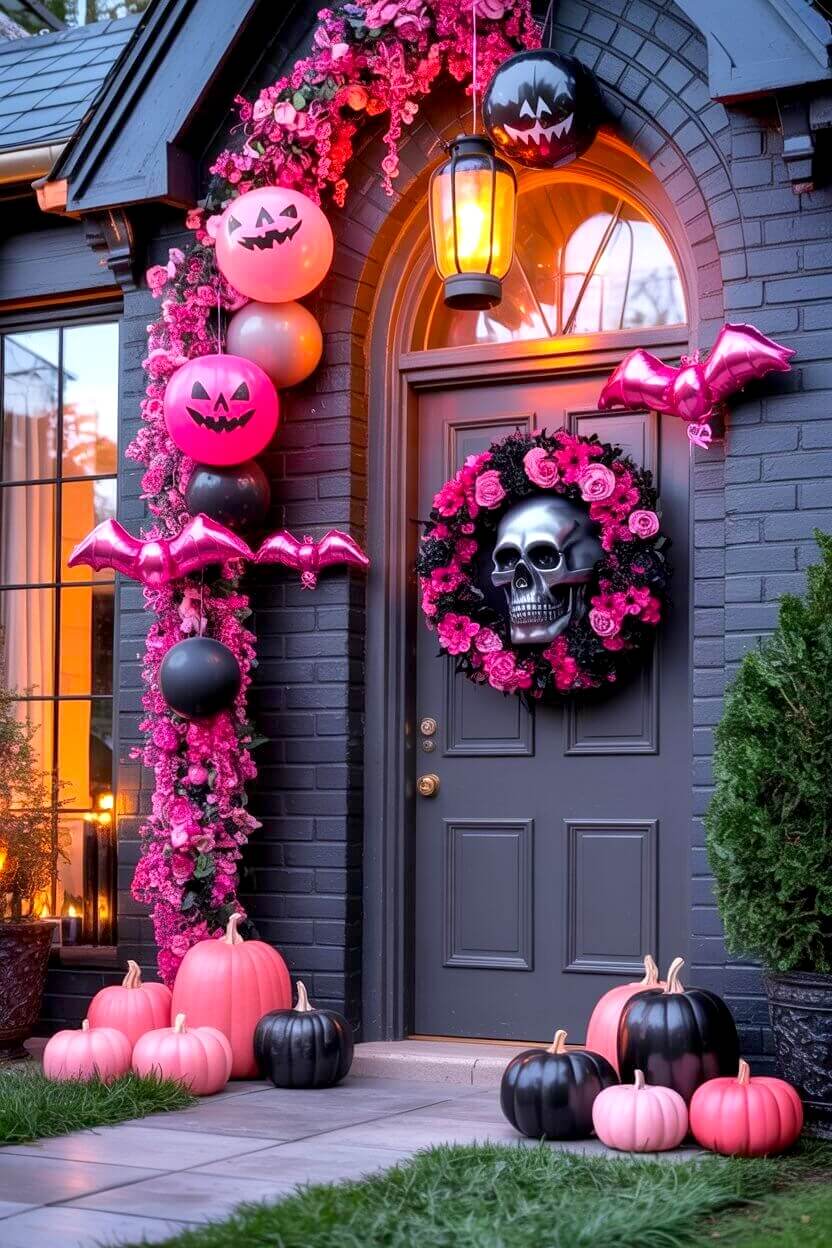 Pink roses, metallic bats, and pumpkins surround a striking silver skull wreath. This bold doorway is a perfect showcase of how pink Halloween decor ideas can feel gothic yet glamorous.
