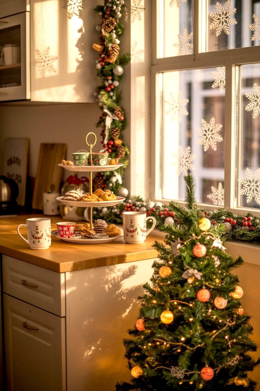 A bright kitchen corner styled with a mini Christmas tree, tiered tray of cookies, mugs, and snowflake window clings, showing space-saving small apartment Christmas decor ideas.