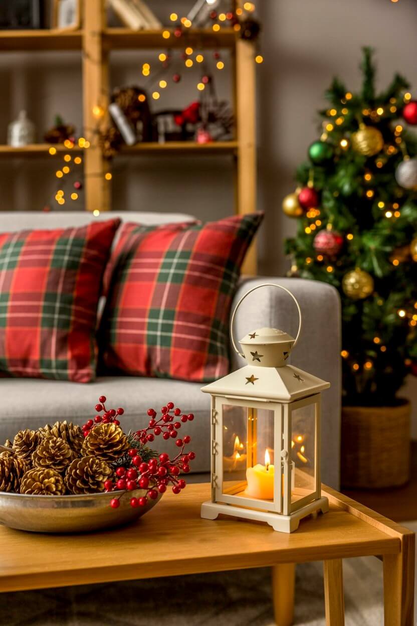 A warm living room corner with plaid pillows, glowing lantern on a wooden table, pinecone bowl with berries, and a Christmas tree in the background, perfect for small apartment Christmas decor ideas.