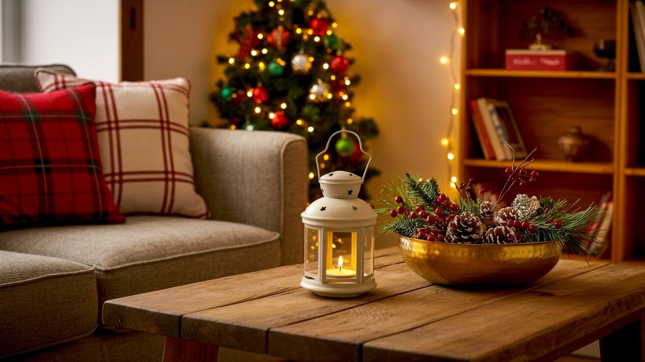 A cozy living room with a plaid pillow sofa, white lantern glowing on the table, and a golden bowl filled with festive greenery and pinecones, styled as small apartment Christmas decor ideas.