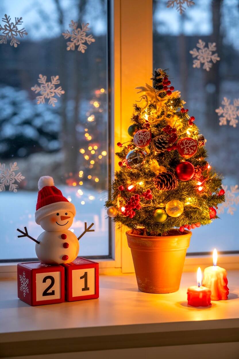 A window ledge decorated with a small Christmas tree in a terracotta pot, red candles, snowflake clings, and a snowman countdown, styled for small apartment Christmas decor ideas.