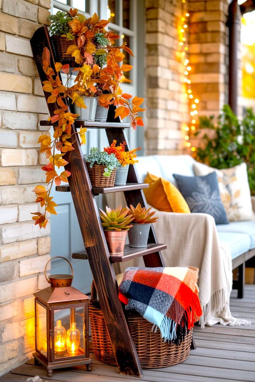 This photo shows easy fall porch ideas styled with a rustic farmhouse ladder, draping fall leaves, and potted succulents in warm seasonal tones. A woven basket holds a plaid blanket, while a copper lantern glows at the base for added charm. The background includes a wicker chair with layered pillows, cozy throws, and string lights against a brick wall, creating a welcoming autumn setup.