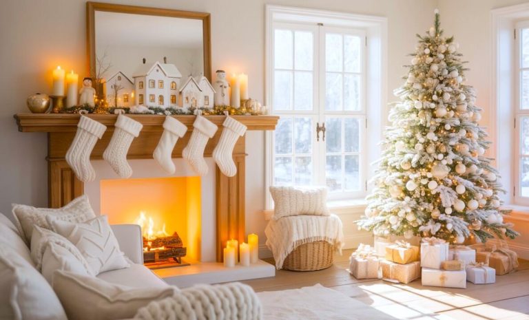 A bright Modern Farmhouse living room, featuring a fluffy white tree, cozy knit sofa throws, and a firelit mantel, illustrates the elegant appeal of soft, layered white Christmas decorations for any neutral space.