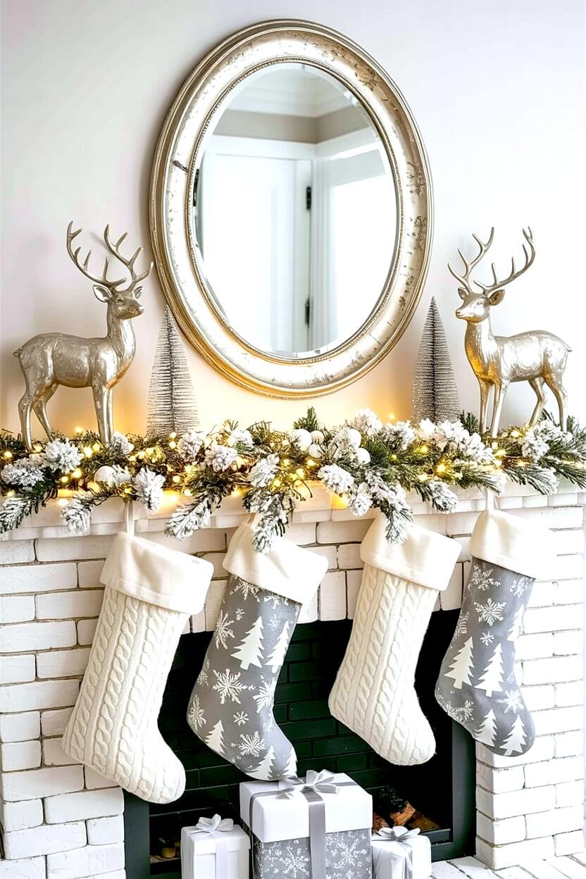 A bright white brick fireplace is decorated with frosted pine garland, warm fairy lights, and metallic reindeer figurines beneath an oval mirror. Soft knit and gray patterned stockings hang above neatly wrapped white and silver gifts, creating a calm, elegant holiday look. The image highlights white Christmas decorations in a cozy, modern style.