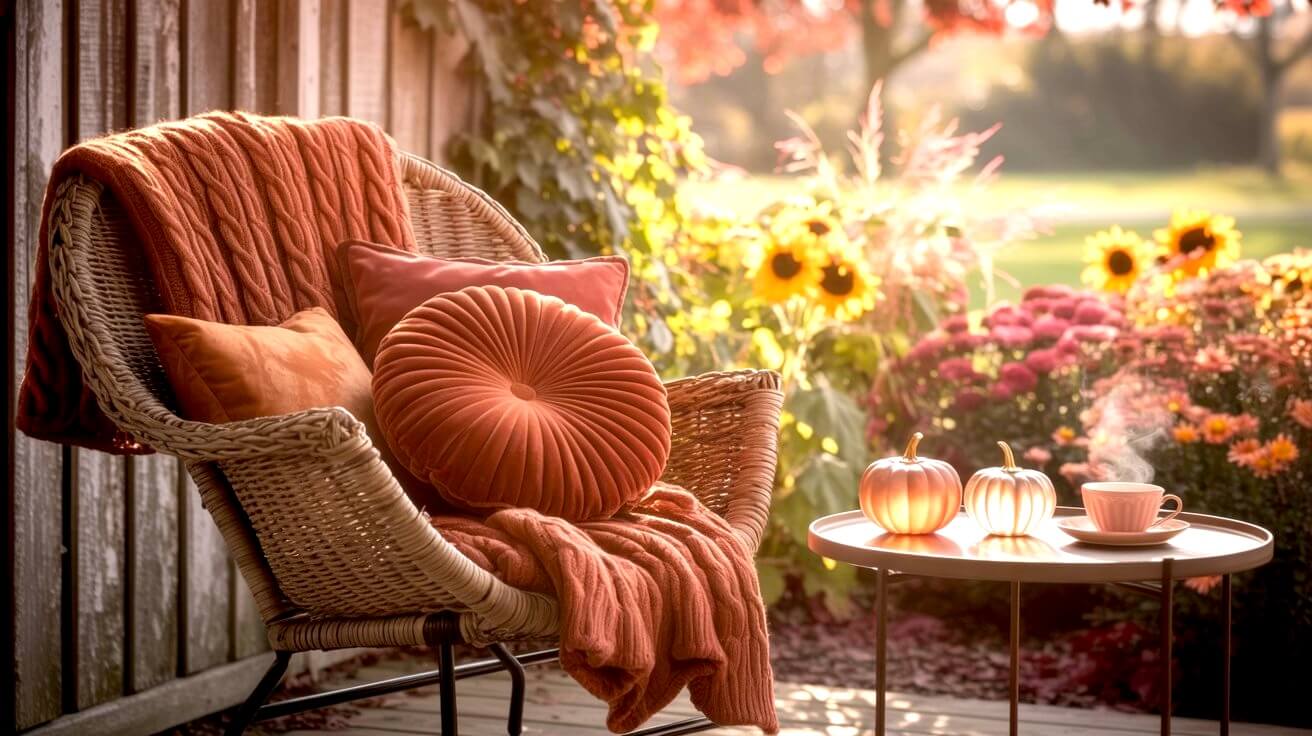 Easy fall porch ideas are beautifully shown here with a wicker chair layered in orange pillows and a knit throw, styled beside a small table with pumpkins and a warm cup of tea. The backdrop of sunflowers and mums makes the porch feel instantly seasonal and welcoming.