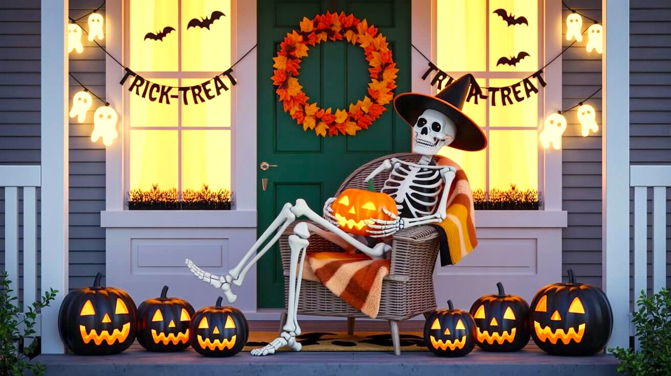 A cozy Halloween porch setup with a skeleton lounging in a wicker chair, draped in a striped blanket and wearing a witch hat. The skeleton holds a glowing jack-o’-lantern, while black pumpkins line the steps, a bright orange leaf wreath hangs on the green front door, and ghost string lights with bat decals frame the windows. A great example of easy Halloween porch ideas.