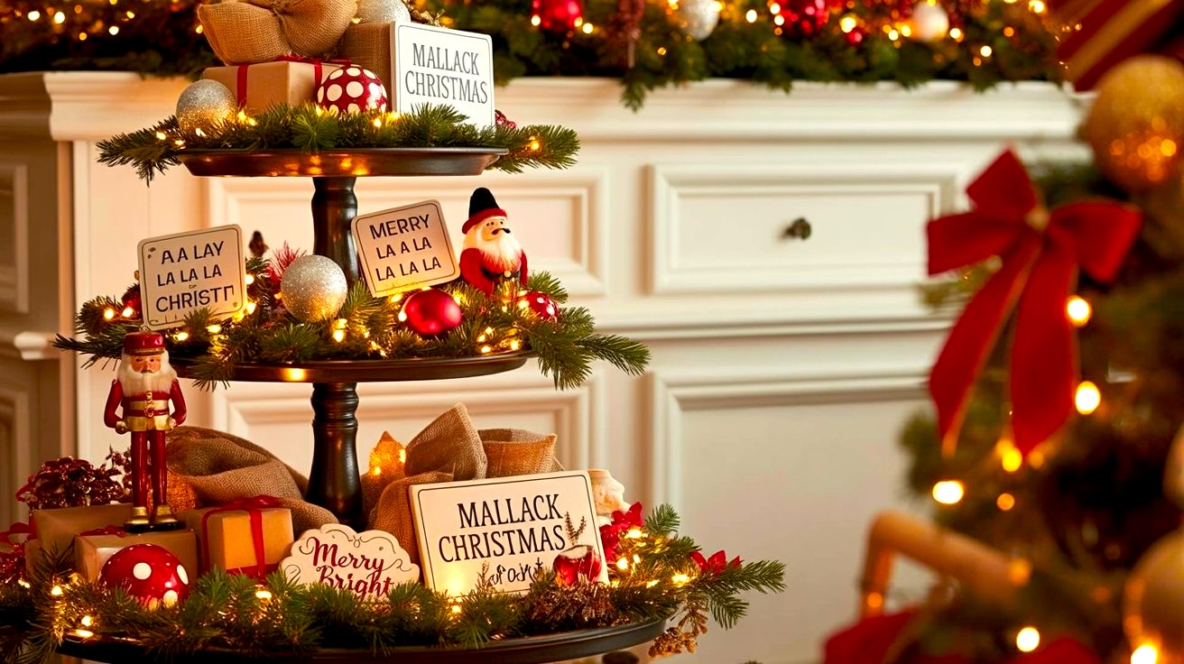 Glowing lights, greenery, ornaments, and classic red accents turn this display into a warm focal point for Christmas Tiered Tray Ideas.