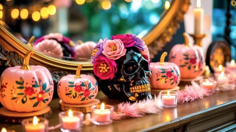 A black skull crowned with bold flowers is paired with hand-painted pink pumpkins and glowing candles on a mantel. This setup highlights how pink Halloween decor ideas can feel both creative and stylish.