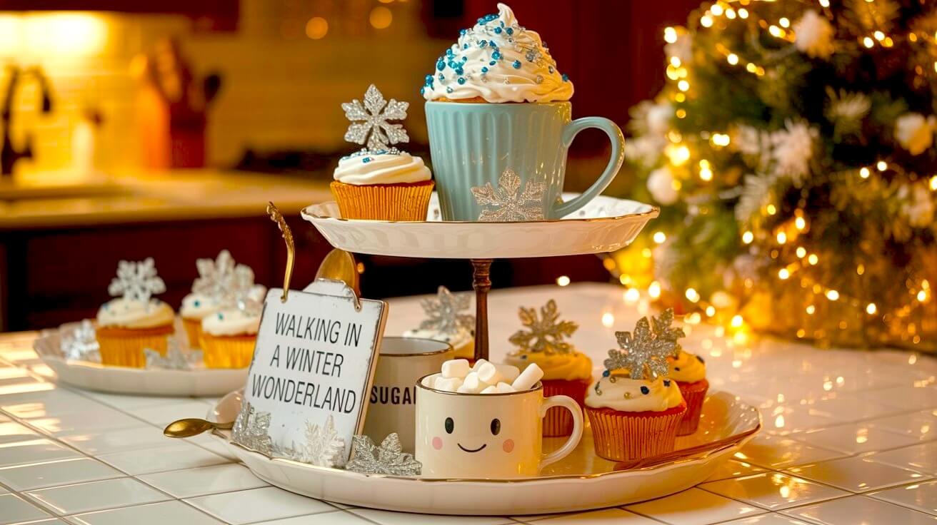 A festive tray styled with whipped cream mugs, frosted cupcakes, and glitter snowflakes creates a cozy dessert station for Winter Tiered Tray Ideas.