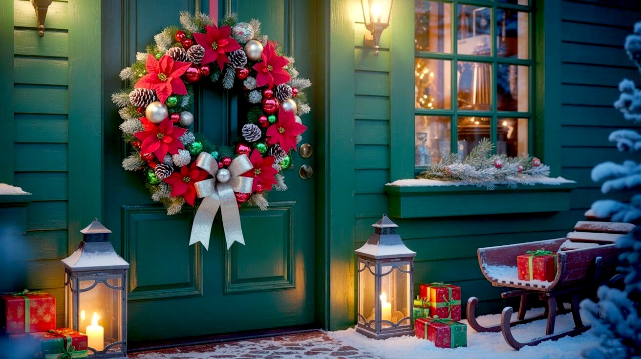 A festive display of Christmas wreaths for front door with bold red poinsettias, frosted pinecones, and ornaments on a green door, paired with glowing lanterns, wrapped presents, and a snowy sleigh for a classic holiday welcome.