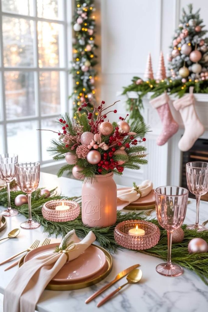 A close-up of a blush pink mason jar centerpiece filled with evergreen branches, red berries, and rose gold ornaments. Surrounded by matching pink plates, gold cutlery, and soft candlelight, this pink mason jar Christmas centerpiece DIY creates a warm and modern festive look.