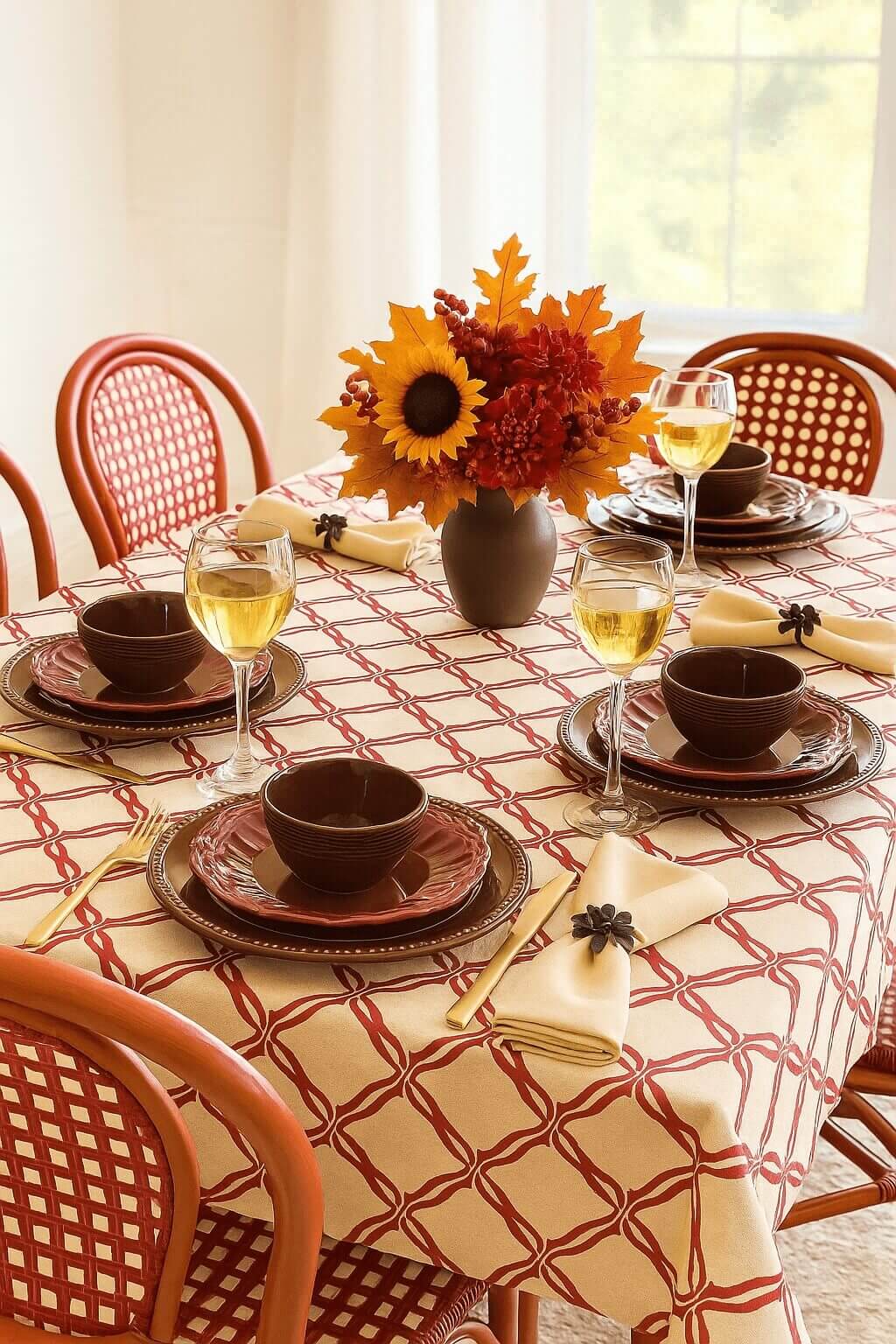 A warm table setting with burgundy dishes, gold utensils, and a sunflower centerpiece creates a cheerful, welcoming look perfect for Thanksgiving table setting ideas.
