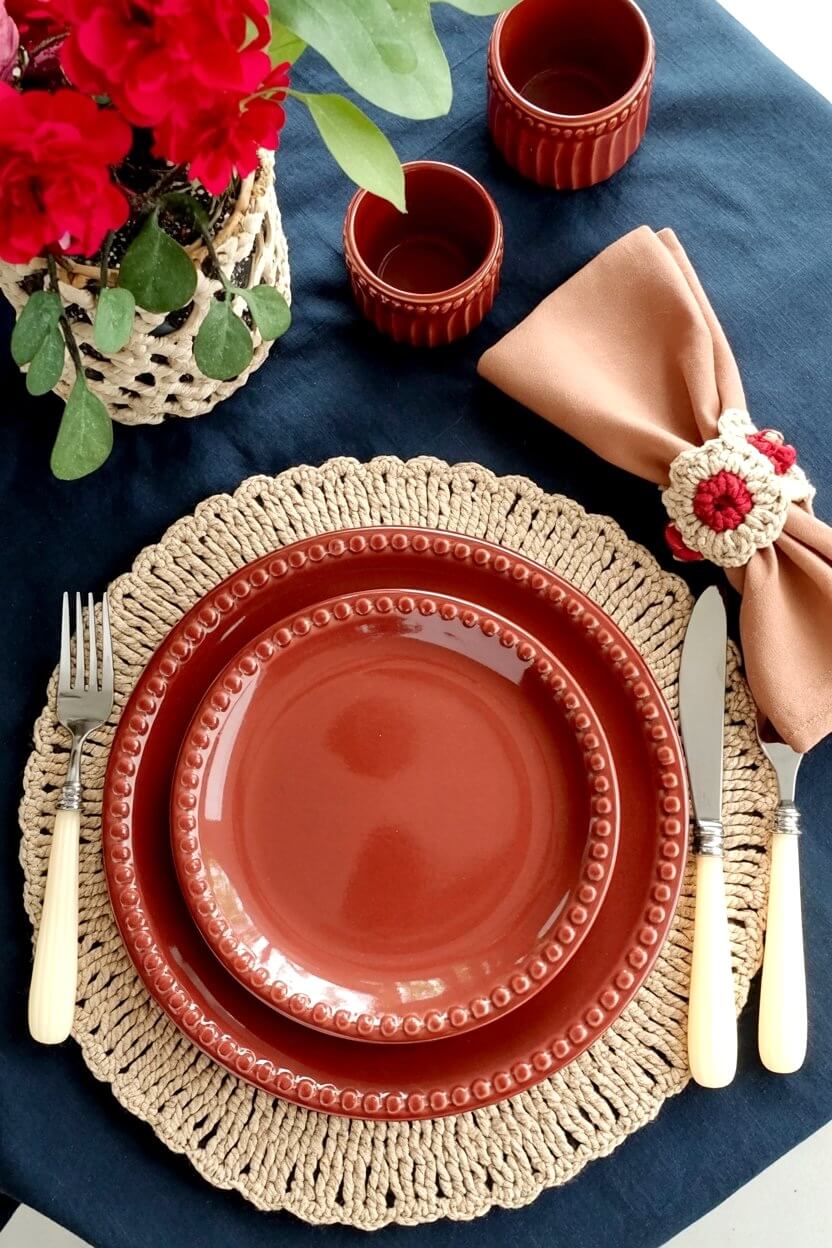 Layered burgundy dinnerware paired with floral napkins and golden flatware brings rich autumn warmth to Thanksgiving table setting ideas.