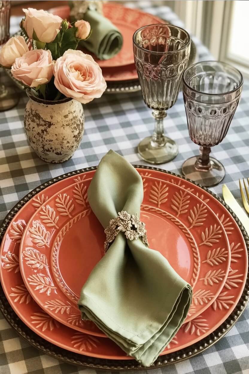 Coral dinnerware with intricate embossed detailing, soft green napkins, and vintage-inspired glassware lend warmth and charm to Thanksgiving table setting ideas.