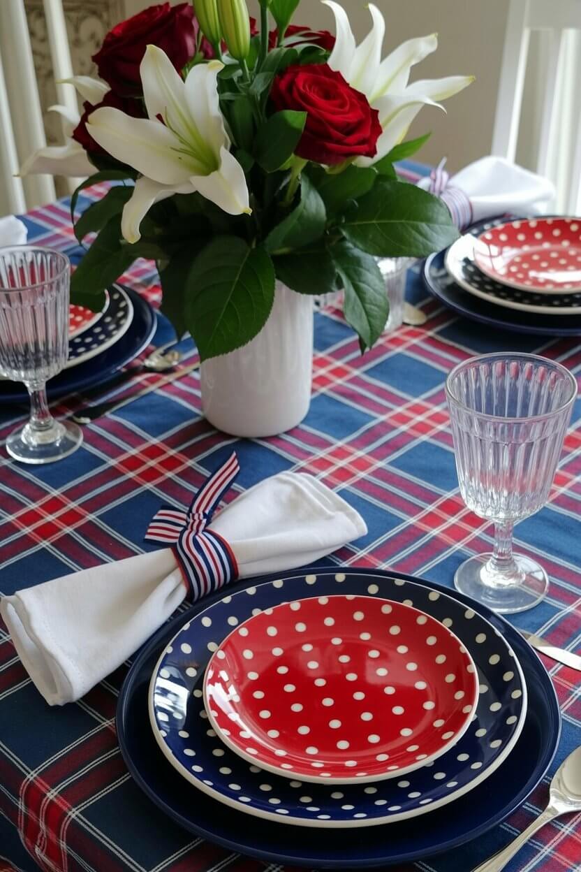 A plaid tablecloth in red, white, and blue with polka-dotted plates and fresh red and white flowers adds a cheerful, welcoming feel to Thanksgiving table setting ideas.