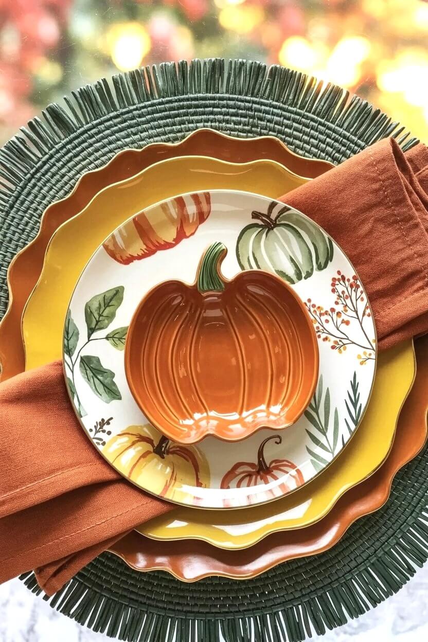 A bright orange pumpkin plate layered over yellow and green tones adds warmth and color to Thanksgiving table setting ideas.