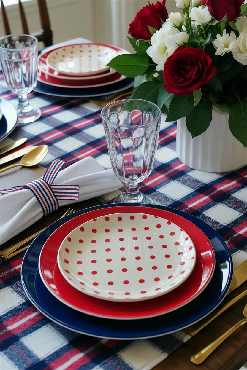 A layered place setting with red, white, and navy plates, paired with striped napkin rings and a vase of roses, brings a crisp, patriotic twist to Thanksgiving table setting ideas.