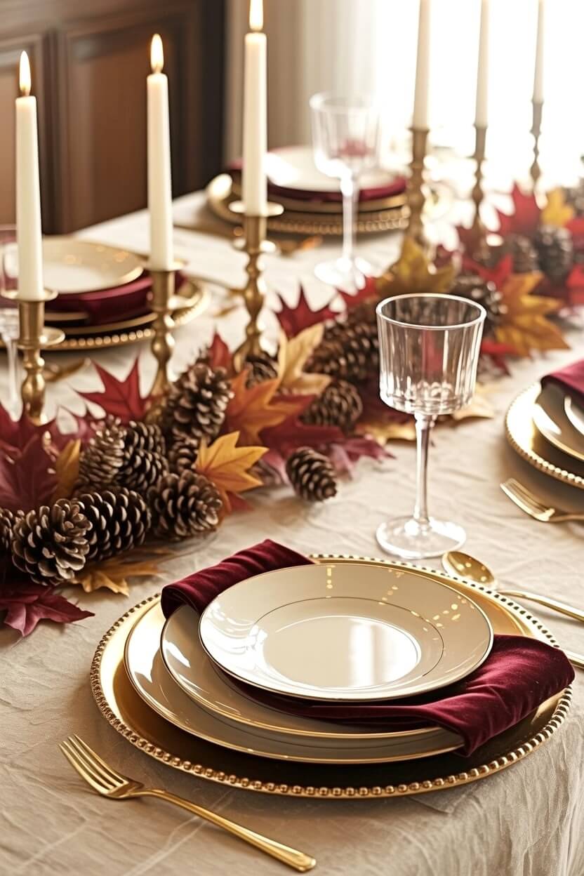 A candlelit tablescape with gold-rimmed plates, burgundy napkins, pinecones, and autumn leaves captures the essence of timeless Thanksgiving table setting ideas.
