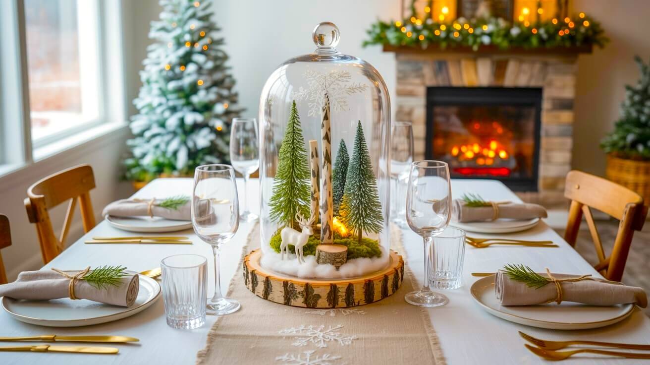 This enchanting glass cloche, illuminated by soft fairy lights and featuring a miniature, snow-dusted forest scene with tiny bottle brush trees, pinecones, and a deer figure, is a magical option for sophisticated Christmas table centerpieces.