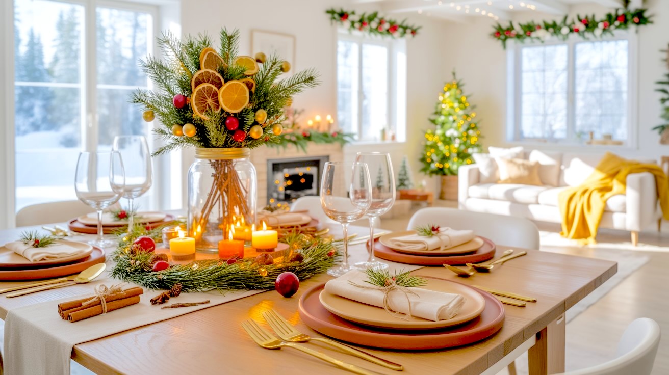 A bright, festive kitchen table decorated with a DIY dried citrus mason jar Christmas table centerpiece filled with pine branches, dried oranges, and red berries. Golden light reflects off candles and garlands, creating a welcoming, citrus-scented holiday mood.
