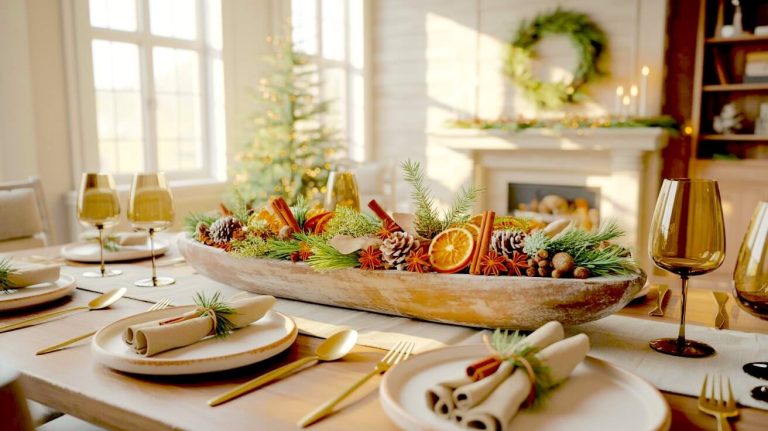 A rustic Christmas dough bowl centerpiece filled with pine greenery, dried orange slices, cinnamon sticks, and frosted pinecones glows under golden daylight. Set on a natural linen runner, the handcrafted DIY look brings warmth and timeless charm to a cozy farmhouse table.