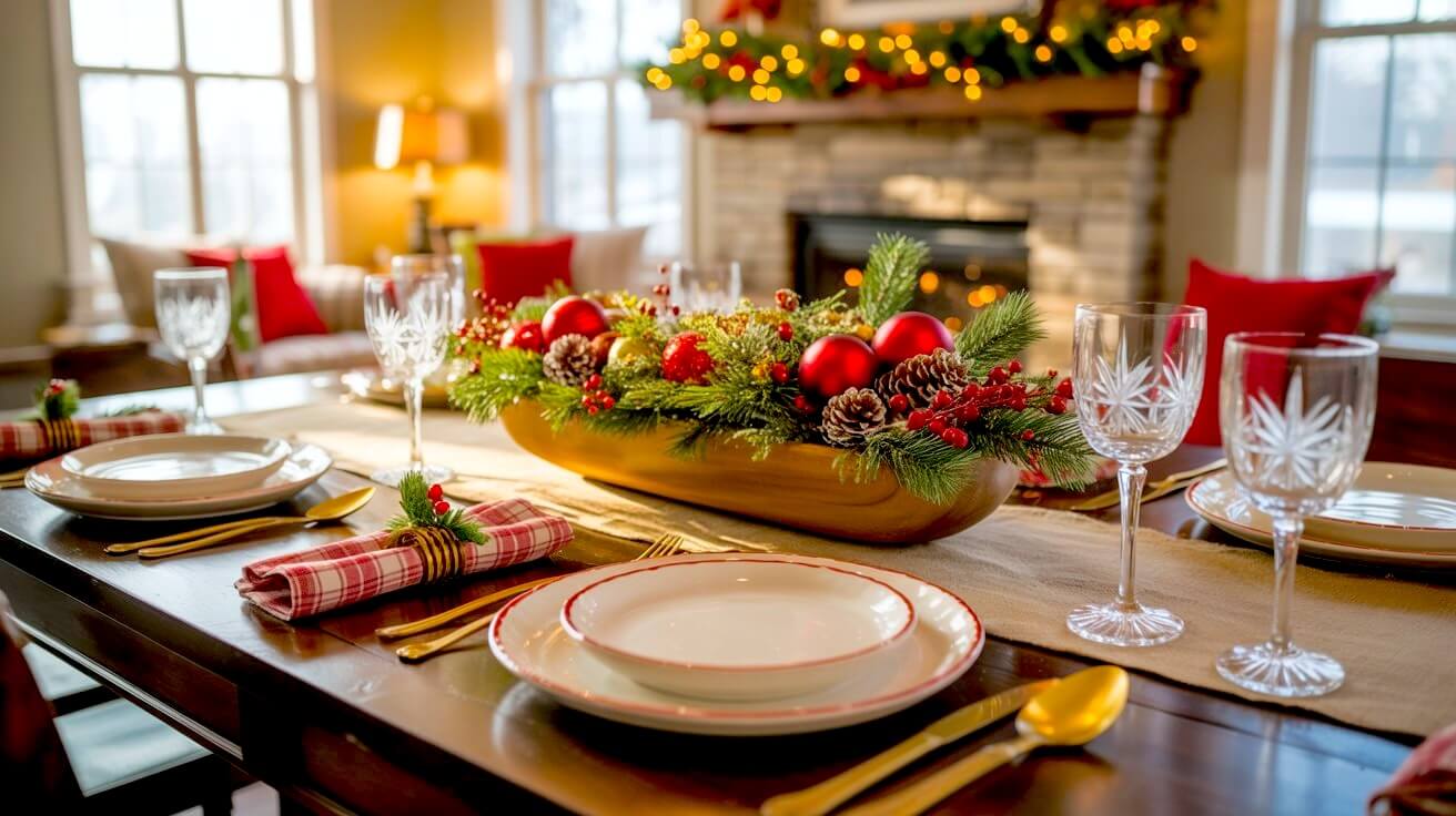 A long wooden dough bowl filled with red ornaments, pinecones, berries, and fresh greenery sits at the center of a warmly lit table. Golden light from the fireplace and windows enhances the cozy textures, creating a classic, inviting look for this traditional Christmas dough bowl centerpiece you can easily DIY.